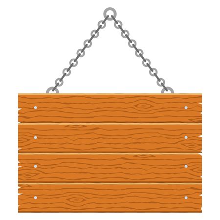 Wooden signboard with chain isolated on white background. Wood plank sign and symbol to communicate a message. Banner template with wood texture.のイラスト素材