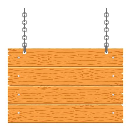Wooden signboard with chain isolated on white background. Wood plank sign and symbol to communicate a message. Banner template with wood texture.のイラスト素材