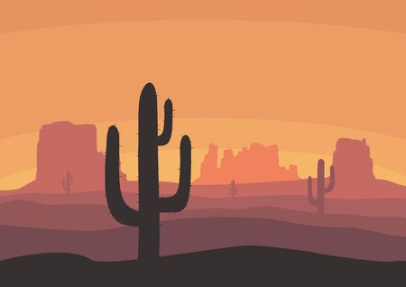 Desert landscape with cactus, hills and mountains silhouettes. Nature sunset on a background of a mountain landscape. Extreme tourism and travelling. Vector illustrationのイラスト素材