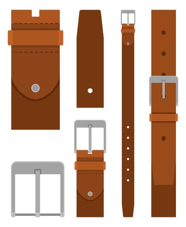 Brown leather belt with buckle isolated on white background. Element of clothing design. Belt trouser in flat style. Vector illustrationのイラスト素材