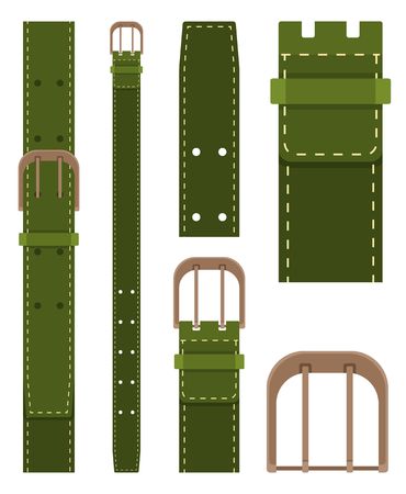 Green belt with buckle isolated on white background. Element of clothing design. Belt trouser in flat style. Vector illustrationのイラスト素材