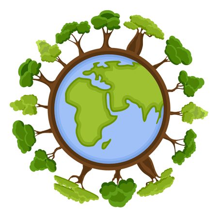 Ecology concept with green Eco Earth and trees. Cartoon earth planet globe with environment elements around.のイラスト素材