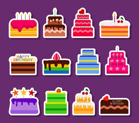 Wedding or Birthday vector pie cakes stickers icons set. Cake sweets dessert bakery in flat style. Delicious stickers on purple background. Vector illustrationのイラスト素材