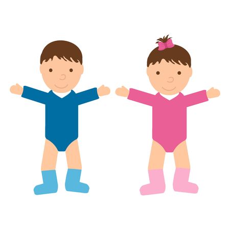 Cute baby boy and baby girl isolated on white background. Children in flat style. Vector illustrationのイラスト素材
