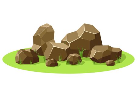 Rocks and stones piled on green grass. Stones and rocks in isometric 3d flat style. Set different shapes and sized boulders for background natural landscape and game. Vector illustrationのイラスト素材