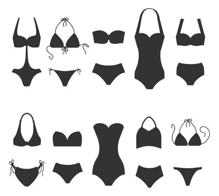 Set of women swimsuit icons isolated on white background. Bikini bathing suits silhouettes for swimming. Fashion bikini, tankini and monokini collection. Vector illustrationのイラスト素材