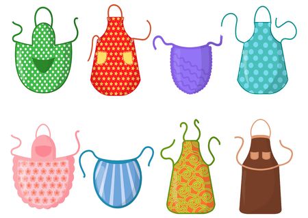 Set of kitchen aprons with patterns isolated on white background. Protective garment. Cooking dress for housewife or chef of restaurant. Vector illustrationのイラスト素材
