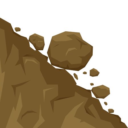 Landslide isolated on white background, stones fall from the rock. Boulders rolling down a hill. Rockfall vector illustrationのイラスト素材
