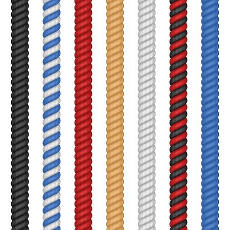 Set of different colorful ropes isolated on white background. Nautical twisted Rope twine in flat cartoon style. Vector illustrationのイラスト素材