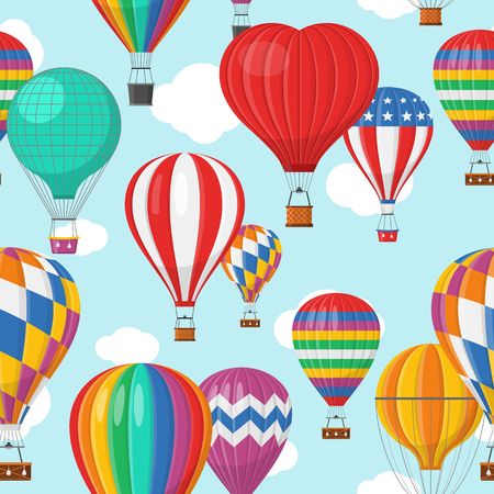Aerostat Balloon transport with basket and clouds flying in blue sky Seamless Pattern, Cartoon air-balloon different shapes ballooning adventure flight, ballooned traveling flying, Background Vector illustrationのイラスト素材