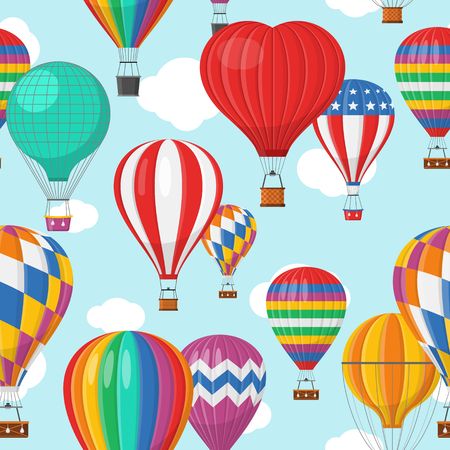 Aerostat Balloon transport with basket and clouds flying in blue sky Seamless Pattern, Cartoon air-balloon different shapes ballooning adventure flight, ballooned traveling flying, Background Vector illustrationの素材 [FY310126081434]