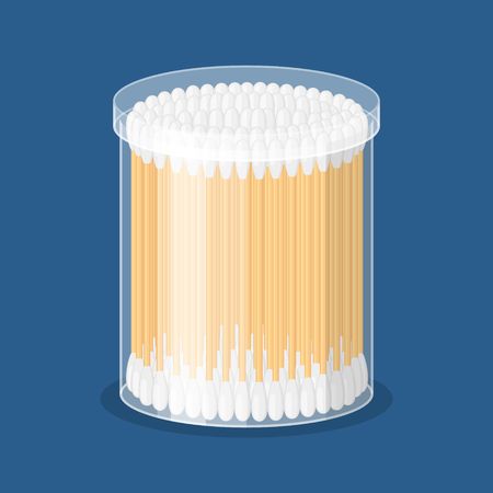 Cotton swab in container isolated on blue background. Care and hygiene. Wooden ear stick and cosmetic bud. Bath and makeup symbols. Vector illustrationのイラスト素材