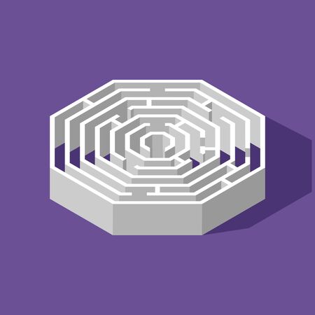 Labyrinth hexagon isometric game and maze fun puzzle isolated on purple background. Puzzle riddle logic game isometric concept. Vector illustrationのイラスト素材