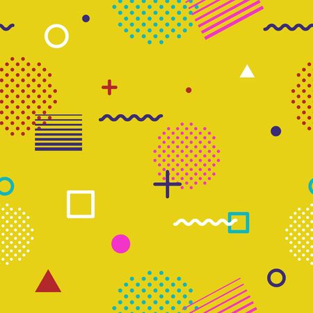 Abstract geometric seamless pattern in Memphis style on yellow background. Fashion 80s-90s trends designs, Retro funky graphic with geometric shapes. Applicable for Banners, Posters, Flyers. Vectorのイラスト素材