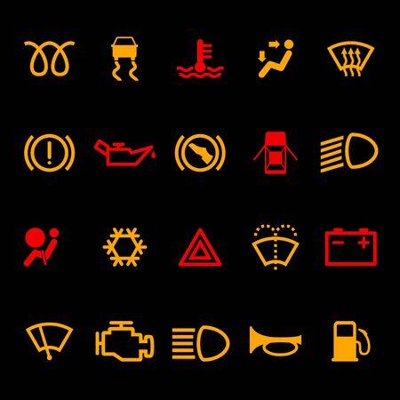 Car dashboard icons set isolated on black background. Icon pack car information pictograms. Vector illustrationのイラスト素材