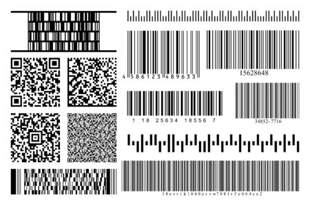 Barcodes and QR codes collection set. Black striped code for digital identification. Vector code information, QR, store scan codes. Industrial coding information. Vector illustartionのイラスト素材