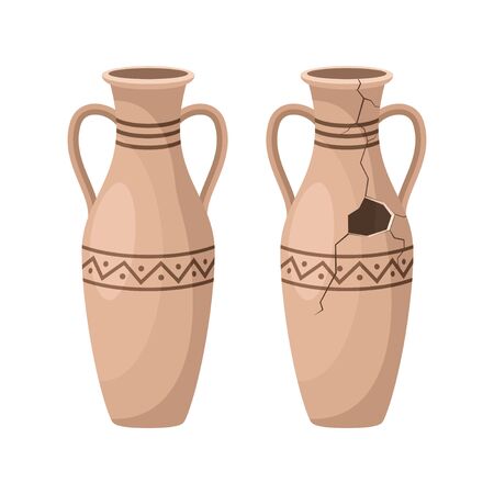 Whole and broken ancient amphora icon with two handles. Antique clay vase jar, Old traditional vintage pot. Ceramic jug archaeological artefact. Greek or Roman vessel pottery for wine or oil. Vector illustrationのイラスト素材