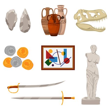 Museum set exhibit pod and tools icons of various historical periods: Stone tools, ancient amphora, dinosaur skull, old coins, picture, swords and statue. Excursion exposition museum, Vectorのイラスト素材
