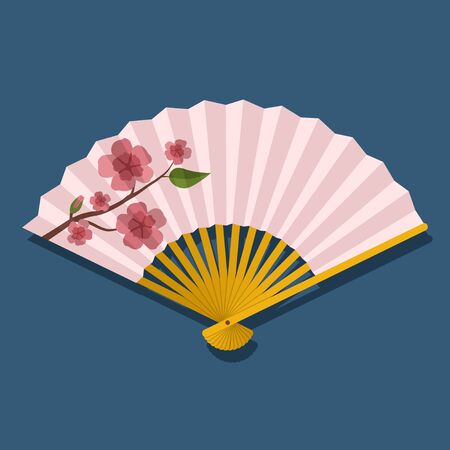 Hand fan with sakura branch with flowers isolated on blue background, Japanese and Chinese folding fan, Traditional Asian paper geisha fan. Vector illustrationのイラスト素材