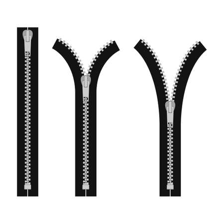 Zipper isolated on white background, Clothes zips, split cloth pulling zip, open or unzipped and close or zipper metal zip set. Vector illustrationのイラスト素材