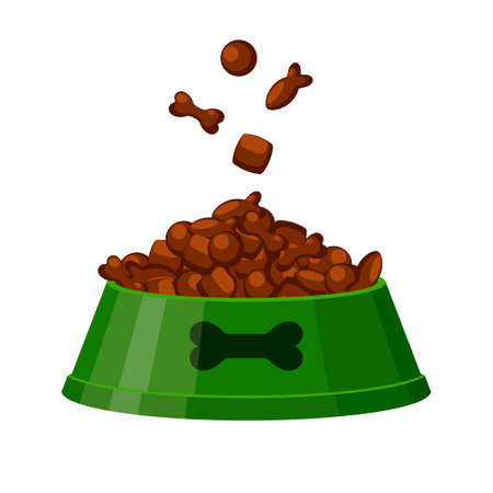 Dog or cat dry food bowl. Bone and fish shaped crisps. Green pet bowl with dry food. Flat style vector illustration isolated on white backgroundのイラスト素材