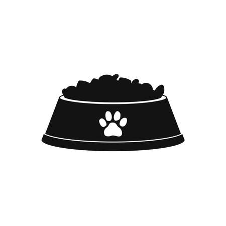 Dog or cat dry food bowl icon. Black pet bowl with dry food crisps. Flat style vector illustration isolated on white backgroundのイラスト素材