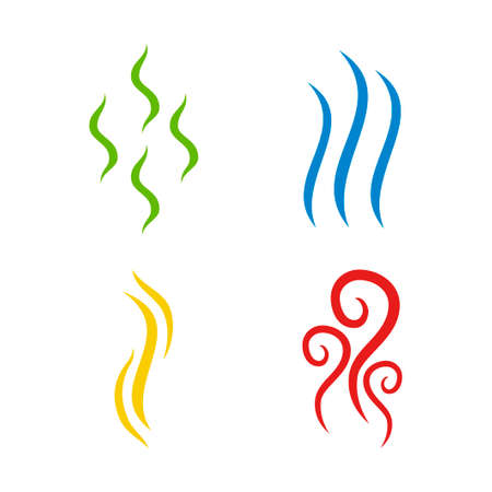 Aromas vaporize colorful icons isolated on white background. Smells line icon set, hot aroma, stink or cooking steam symbols, smelling or vapor, smoking or odors signs. Vector illustrationのイラスト素材