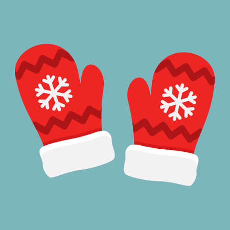 Red mittens Santa with snowflakes isolated on blue background. Winter Christmas gloves vector illustrationのイラスト素材