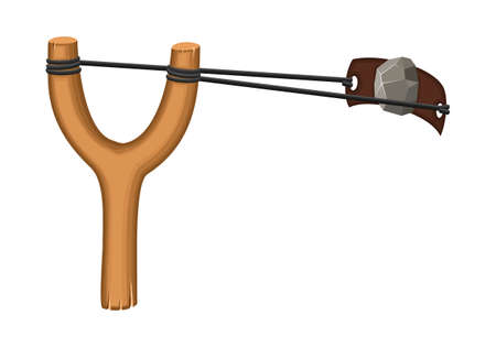 Wooden slingshot with stone isolated on a white background. Homemade slingshot wooden handle with...