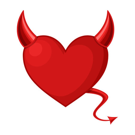 Red Heart with devil horns and a tail isolated on white background, Devil love. Valentine Day concept, Vector illustrationのイラスト素材