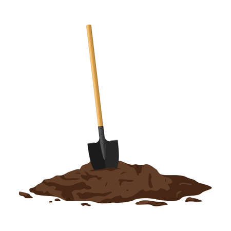 Shovel in a pile of soil isolated on white background. Work tool for outdoor activities, digging, gardening. Construction equipment in heap of dirt. Vector illustrationのイラスト素材
