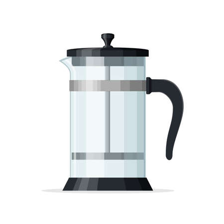 french press coffee pot isolated on white background. Empty glass teapot with piston. Home coffee maker, drink ware. Best for coffee shop and restaurant menu. Vector illustrationのイラスト素材
