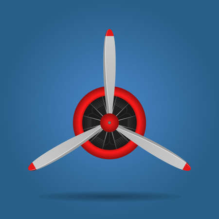 Plane blade propeller isolated on blue background. Vintage airplane propeller with radial engine. Turbine icon, fan blade, wind ventilator, equipment generator. Vector illustrationのイラスト素材