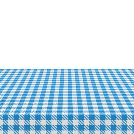The picnic table is covered with a checkered tablecloth. White blue gingham textile. Clean surface with textile, template for ad restaurant cafe menu vector banner. Vector illustrationのイラスト素材
