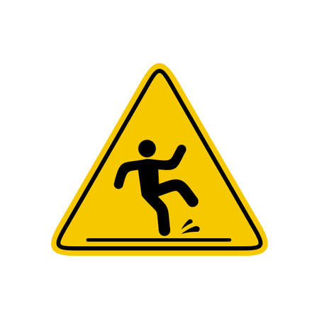 Wet floor caution sign isolated on white background, Public warning yellow symbol clipart. Slippery surface beware icon. Falling human pictogram. Vector illustartionのイラスト素材