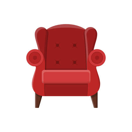 Stylish red comfortable armchair in flat style isolated on white background. Part of the interior of a living room or office. Soft furniture for rest and relaxation. Vector illustrationのイラスト素材