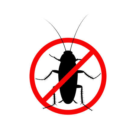Cockroach insect in a red forbidding circle isolated on white background, Pest bug icon top view. The stop cockroach icon is forbidding sign. No pests. Flat body parasite pollution, roaches Vectorのイラスト素材