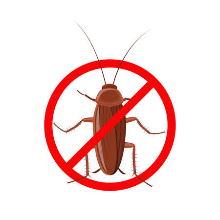 Cockroach insect in a red forbidding circle isolated on white background, Pest bug icon top view. The stop cockroach icon is forbidding sign. No pests. Flat body parasite pollution, roaches Vectorのイラスト素材