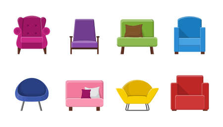 Set of different armchairs. Collection of seating types in flat style. Beautiful design elements - classic, retro or modern furniture. Colorful vintage and comfort chair. Isolated vector illustrationのイラスト素材