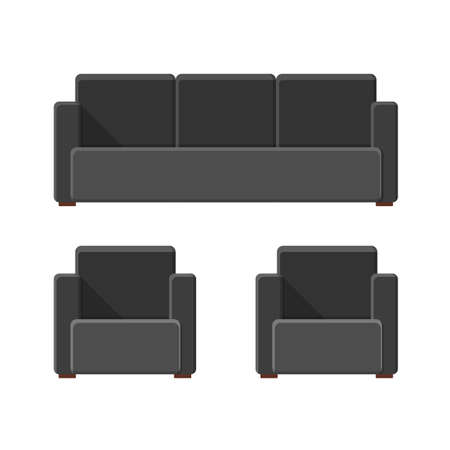 Stylish comfortable modern sofa and armchairs in flat style isolated on white background. Part of the interior of a living room or office. Soft furniture for rest and relaxation. Vector illustrationのイラスト素材