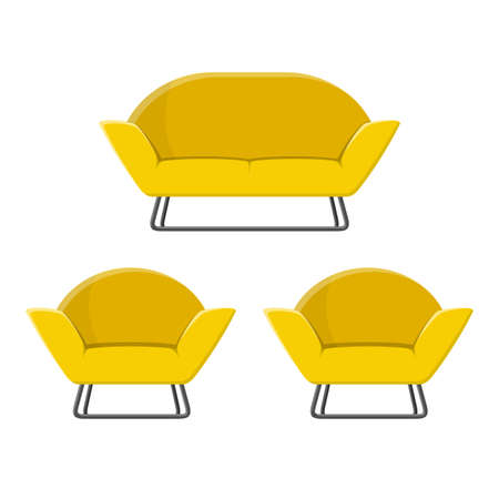 Stylish comfortable modern sofa and armchairs in flat style isolated on white background. Part of the interior of a living room or office. Soft furniture for rest and relaxation. Vector illustrationのイラスト素材