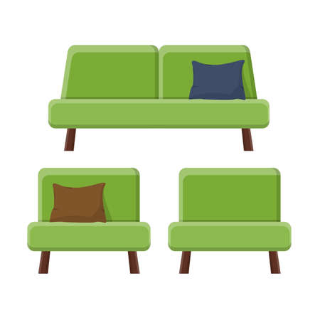 Stylish comfortable modern sofa and armchairs in flat style isolated on white background. Part of the interior of a living room or office. Soft furniture for rest and relaxation. Vector illustrationのイラスト素材
