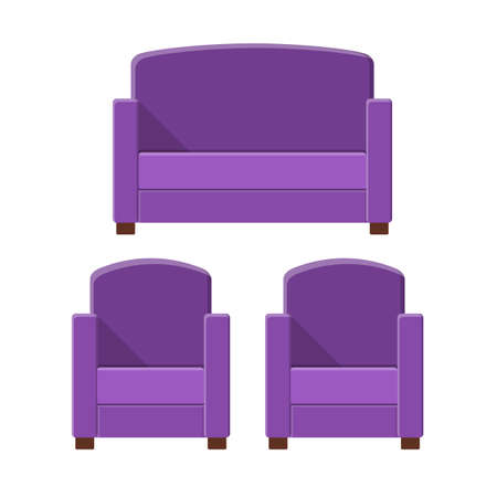Stylish comfortable modern sofa and armchairs in flat style isolated on white background. Part of the interior of a living room or office. Soft furniture for rest and relaxation. Vector illustrationのイラスト素材