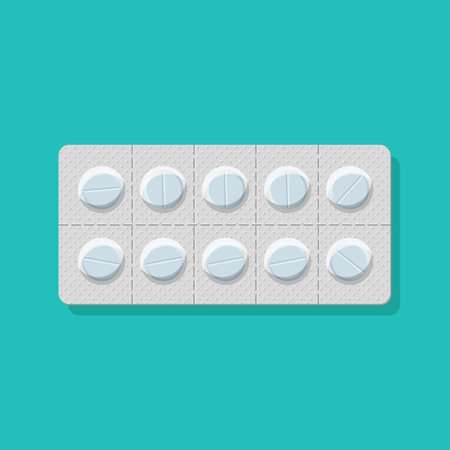 Pack of pills for the treatment of illness and pain. Blister icon with pills. A package of medicines for pills: vitamin, antibiotic, aspirin. Pharmacy and drugs symbols. Vector illustrationのイラスト素材