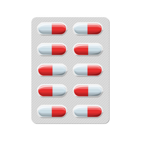 Pack of pills for the treatment of illness and pain. Blister icon with pills or capsules. A package of medicines for pills: vitamin, antibiotic, aspirin. Pharmacy and drugs symbol Vector illustrationのイラスト素材
