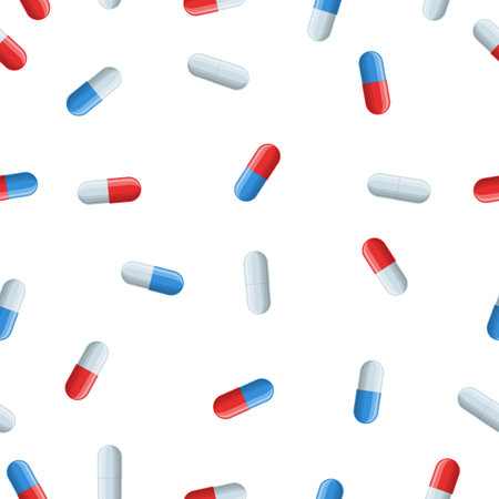 Medical seamless pattern with red, blue and white medical capsules. Pharmacology with pharmaceuticals. Medicine background for wrapping of pills or drugs. Vector illustrationのイラスト素材
