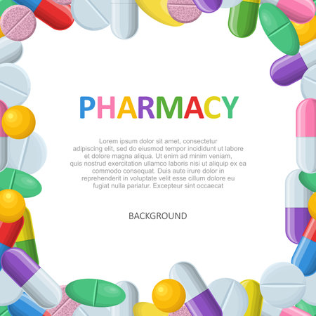 Medical pharmacy banner with tablets and capsules background. Painkillers and vitamins pharmaceutical poster. Health care remedy medical frame. Vector illustrationのイラスト素材