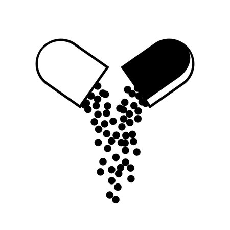 Open medical capsule icon with falling small balls of drug medical. Pharmacy and drugs symbols. Icons of pill. Medical vector illustration isolated on a white backgroundのイラスト素材