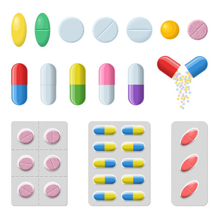 Set of pills and capsules on a white background. Medicines icons. Blister pills: pain relievers, vitamins, antibiotics and aspirin. Pharmacy and drugs symbols. Medical vector illustrationのイラスト素材