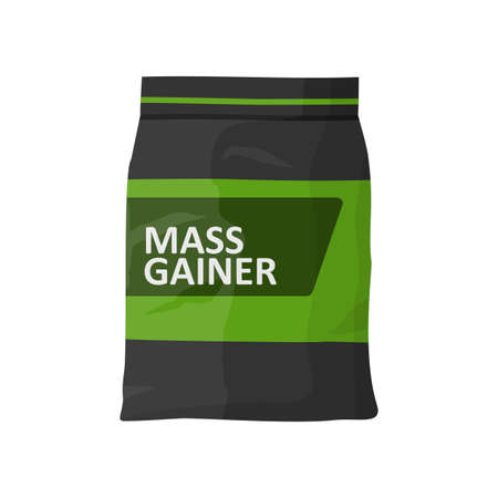 Mass gainer foil isolated on white background. Sports nutrition icon container package, fitness protein power. Bodybuilding sport food. Jar or bottle with supplements for muscle growth. Vectorのイラスト素材